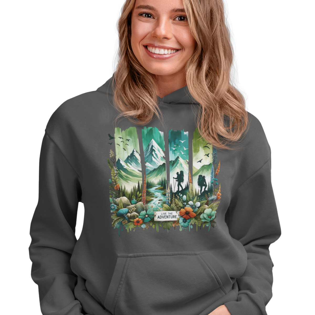 Damen Hoodie in Anthrazit mit farbenfrohem Berg- und Blumenprint – Live the Adventure Design von Bergstoff, ideal für Outdoor, Wandern und Freizeit.