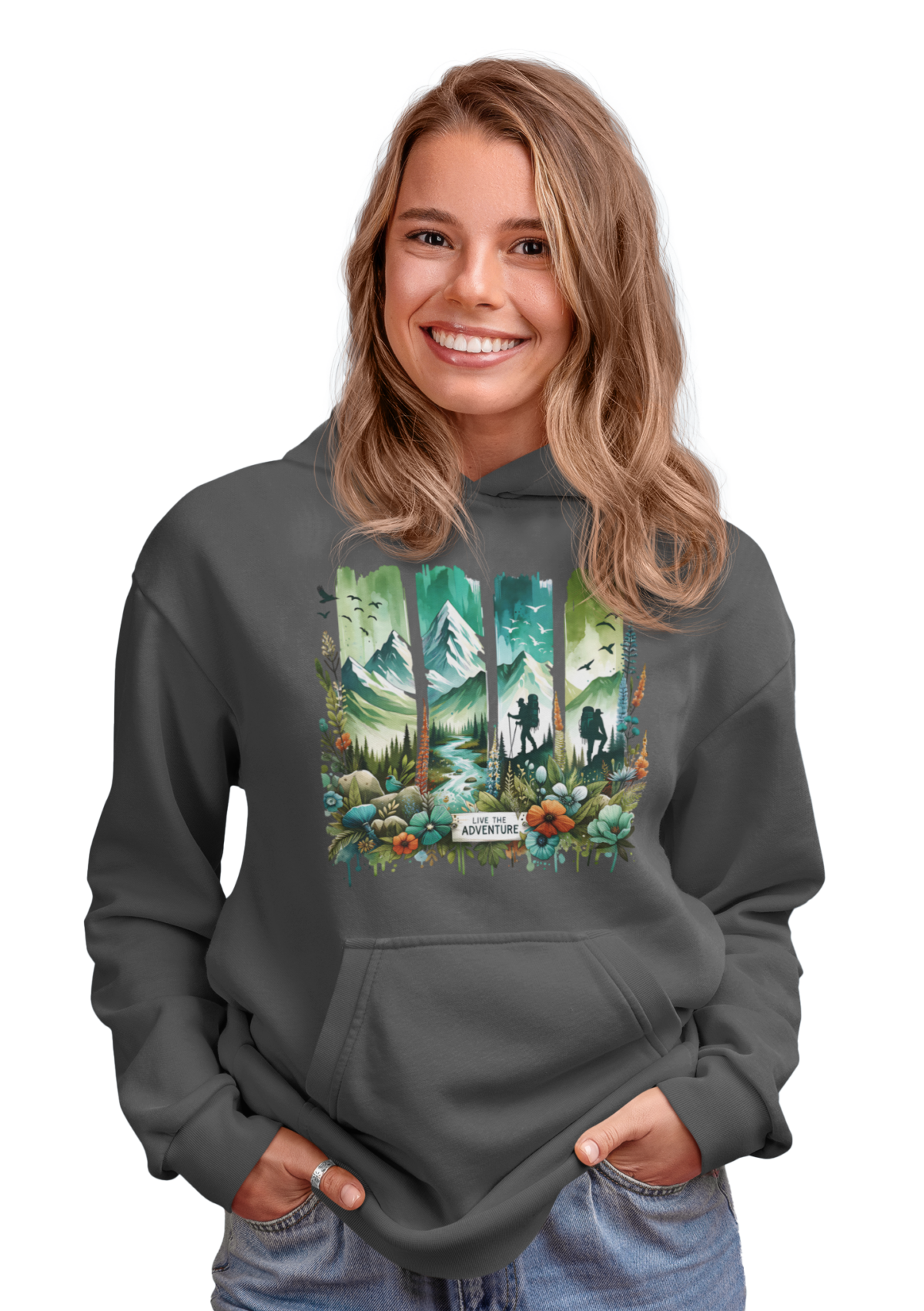 Damen Hoodie in Anthrazit mit farbenfrohem Berg- und Blumenprint – Live the Adventure Design von Bergstoff, ideal für Outdoor, Wandern und Freizeit.